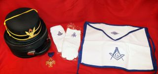 Masonic Lodge Freemason 32nd Degree Double Eagle Hat,  Case,  Medal,  Gloves Apron