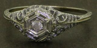 Antique 18k Wg 0.  15ct Diamond Solitaire Filigree Cocktail Ring Size 8.  75