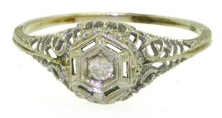Antique 18K WG 0.  15CT diamond solitaire filigree cocktail ring size 8.  75 2
