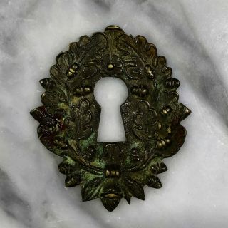 Antique French Rococo Victorian Ornate Floral Brass Escutcheon Keyhole Cover