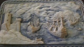 Vintage Blue Incolay Stone Ships Nautical Castle Picture
