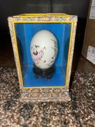 Vintage Asian Hand Painted Chicken Egg With Glass Display Case