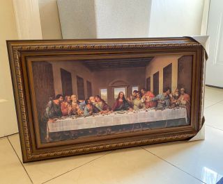 Vintage Mid Century The Last Supper Painting Wooden Frame Design