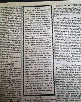Richard Penn Lieutenant Governor Province Of Pennsylvania Death 1811 Newspaper