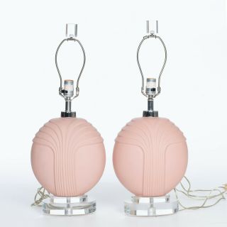 Pair 1970s Vintage Morris Greenspan Pink Table Lamps With Lucite Base