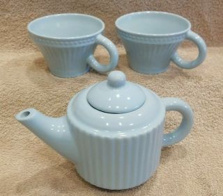 Tea For Two Harbor East 4 Pc Set Teapot W/lid & 2 Tea Cups Robin Egg Blue Guc