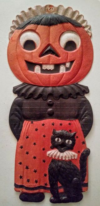 Antique Vtg Halloween Pumpkin Jol Maid Black Cat Germany Diecut 16 " Embossed 20s
