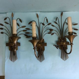 Three Vintage Electric Brass “thistle” Wall Sconces 14 1/2” H.