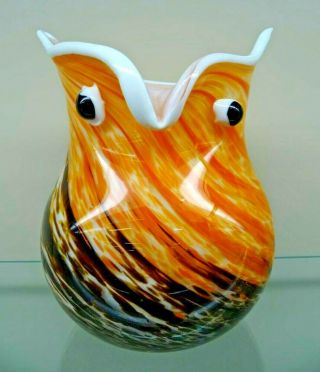 Murano Art Glass Owl Vase Amber,  Orange & Black Swirls With White Trim