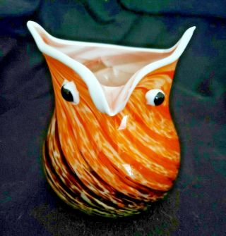 Murano Art Glass Owl Vase Amber,  Orange & Black Swirls with White Trim 2