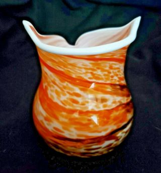 Murano Art Glass Owl Vase Amber,  Orange & Black Swirls with White Trim 3