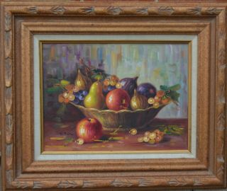 Vintage Oil Painting Still Life Fruits Ornate Frame Signed