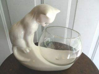 Vintage Royal Haeger White Pottery Cat With Hand Blown Fish Bowl
