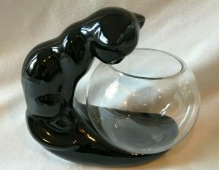 Vintage Ceramic Black Cat Fish Bowl 2 Piece Set Mid Century