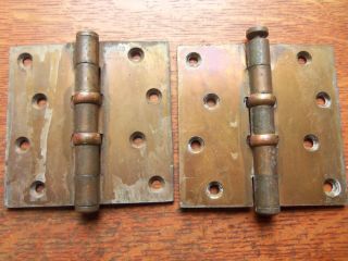 Two Antique Brass Plated Craftsman Door Hinges 4 " 1922 Stanley Thrust Bearings