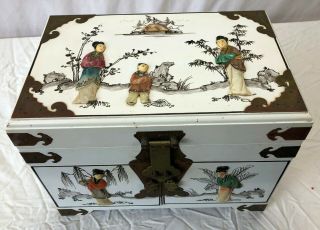 Vintage Chinese Wood Chest Jewelry Box With Asian Carved Shell Figures