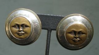 Vintage Tabra Sterling Silver Brass Large Round Moon Face Earrings 20.  5 Grams