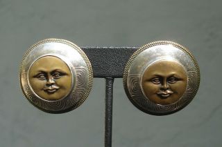 Vintage Tabra Sterling Silver Brass Large Round Moon Face Earrings 20.  5 grams 2