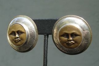 Vintage Tabra Sterling Silver Brass Large Round Moon Face Earrings 20.  5 grams 3