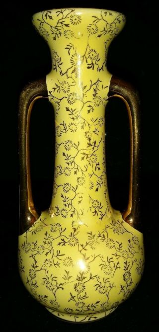 Vintage Ceramic Vase Pitcher Double Handle 22k Guaranteed Gold Usa Yellow Pretty