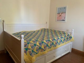 Vintage Quilt Twin? Size Hand Stitched Sewn 84” X 66” Fan Blocks Yellow Teal