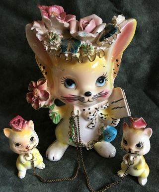 Vintage Porcelain Yellow Mother Cat & 2 Kittens W/ Chains Spaghetti Trim Japan