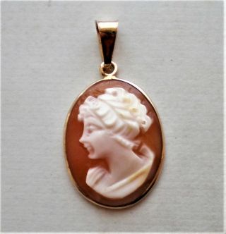 Vintage Solid 14k Yellow Gold Carved Shell Cameo Pendant Charm 14kt