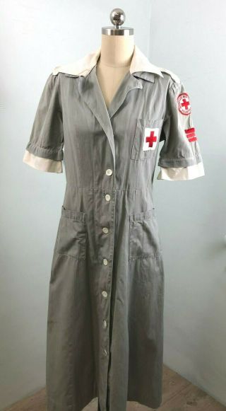 Vintage 40s Wwii Red Cross Uniform Dress With Patches Gray Cotton Sanforized
