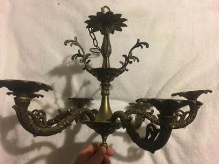VTG French Victorian HEAVY Solid Brass Chandelier Ceiling 6 Arm NO WIRES 2