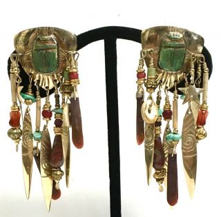 Classic Tabra Vintage Scarab Post Earrings,  Gold - Filled And Turquoise Art Deco