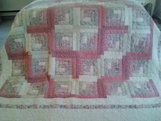 Vintage Hand Quilted Pieced&sewn Log Cabin Patchwork Cotton Quilt 84x84 - Lovely