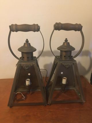 (2) Vintage Georgian Art Brass And Glass Scones Mounted Lantern Light Fixtures