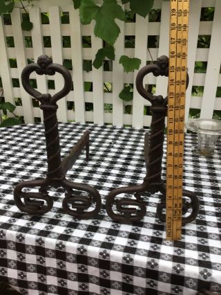Antique Arts & Crafts Andirons Wrought Iron 1900 16 Tall 16 Deep 9 In Wide