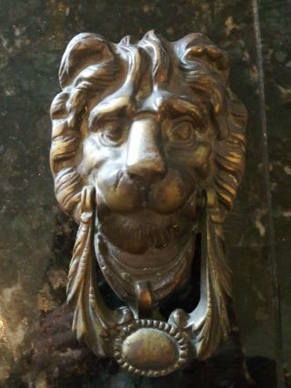 Vintage Lion Head Heavy Brass Door Knocker 6 - 1/2 Inches Great Patina