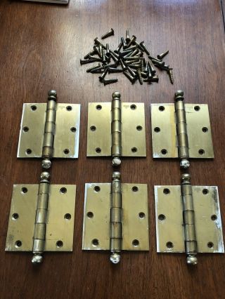 6 Vintage Stanley Sweetheart Brass House Door Hinges Ball Style