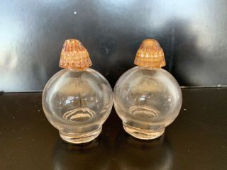 Vintage Clear Glass Round Salt And Pepper Shakers Miniature 2 1/4 " Bakelite Tops