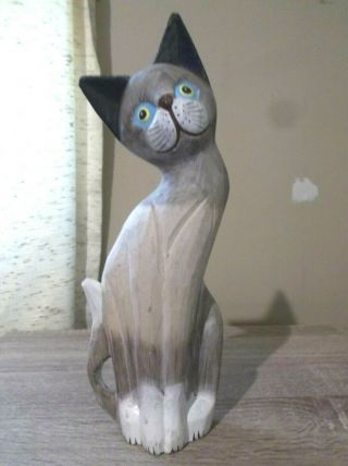 Vtg Handmade Carved Cat Kitten Figurine Statue 12 Inches Bali