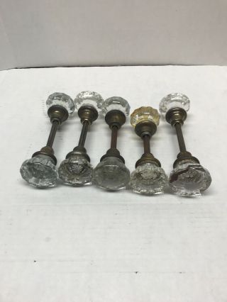 Vintage Antique Set Of 5 Crystal Glass Door Knobs Handles With Spindles