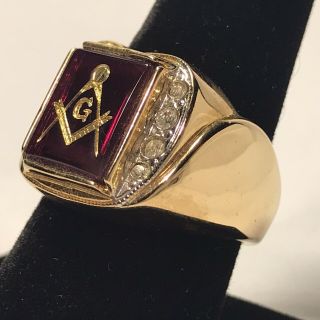 Masonic Lodge Ring Red Square Stone 18k Hge Gold Style Size 11 Usa Made