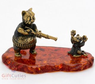 Solid Brass Amber Figurine Of Cat With Rifle Vs Mouse Rat Ironwork