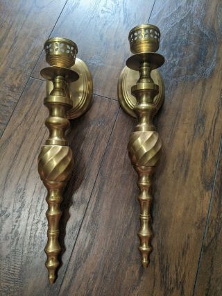 Vintage Pair Solid Brass Wall Sconces Candle Holders India 15 " Tall Set Heavy