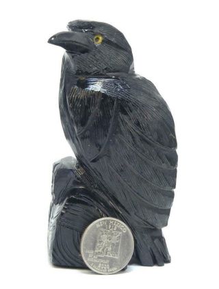 4,  " Shiny Black Onyx Raven,  Crow Statue Figurine Fetish Rock Carving Sprit Totem