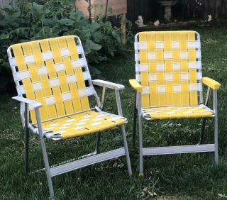 2 Vintage All Aluminum Folding Webbed Lawn Chair Yellow White.  Webbing