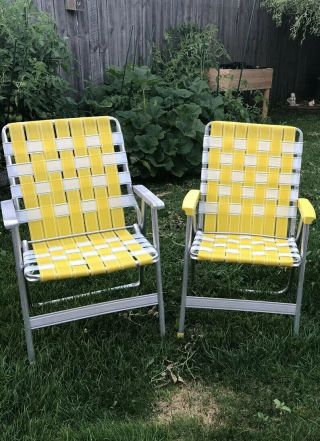2 Vintage All Aluminum Folding Webbed Lawn Chair Yellow White.  Webbing 2