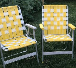 2 Vintage All Aluminum Folding Webbed Lawn Chair Yellow White.  Webbing 3