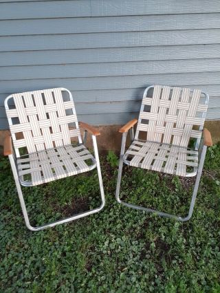 Set Of 2 Mcm Vintage Webbed Aluminum Folding Lawn Chair Wooden Arms White Brown