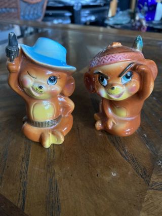 Vintage Mice Dressed Up As Cowboy And Indian Salt And Pepper Shakers Japan