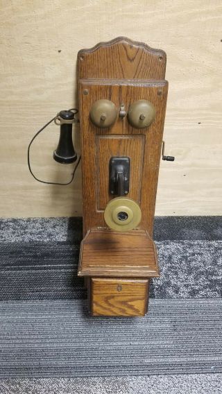 Vintage Antique Hand Crank Wall Telephone Phone Wood Case