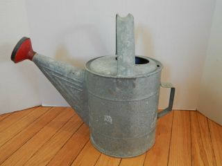 Vintage Galvanized Metal Watering Can With Red Painted Spout