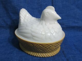 Avon Milk Glass Covered Chicken Hen On A Nest Woven Basket